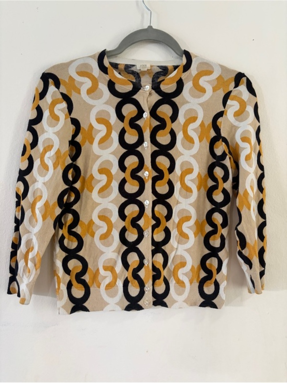 J. Crew Cream, Black & Mustard Striped Cardigan Medium